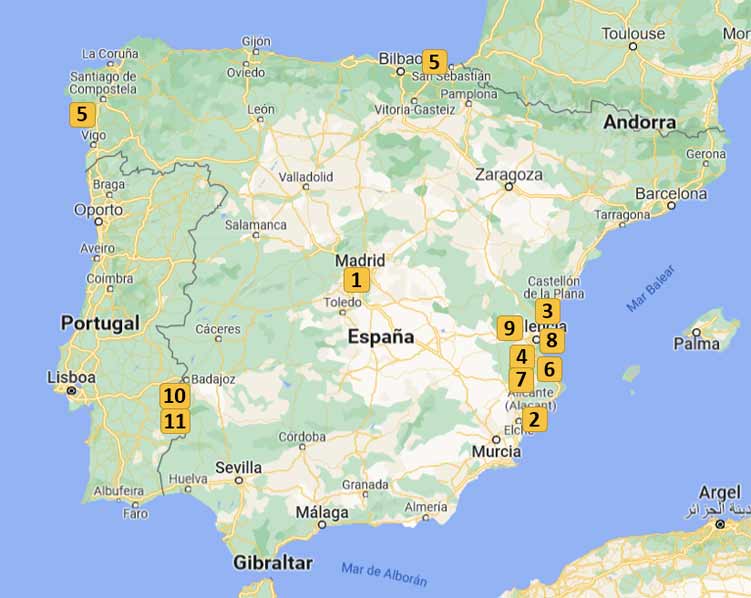 Map of Spain with the locations where the most significant UHPC structures are installed